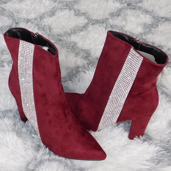 Burgundy Suede Rhinestone Ankle Boot - Picture 2 of 6